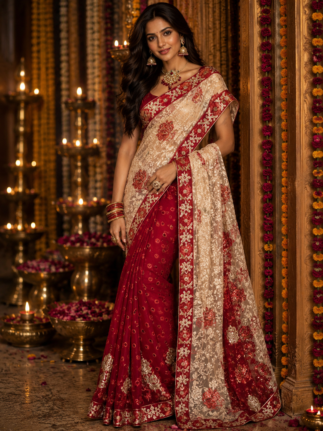 Bollywood désigner mariage sari rouge et blanc sans bloise