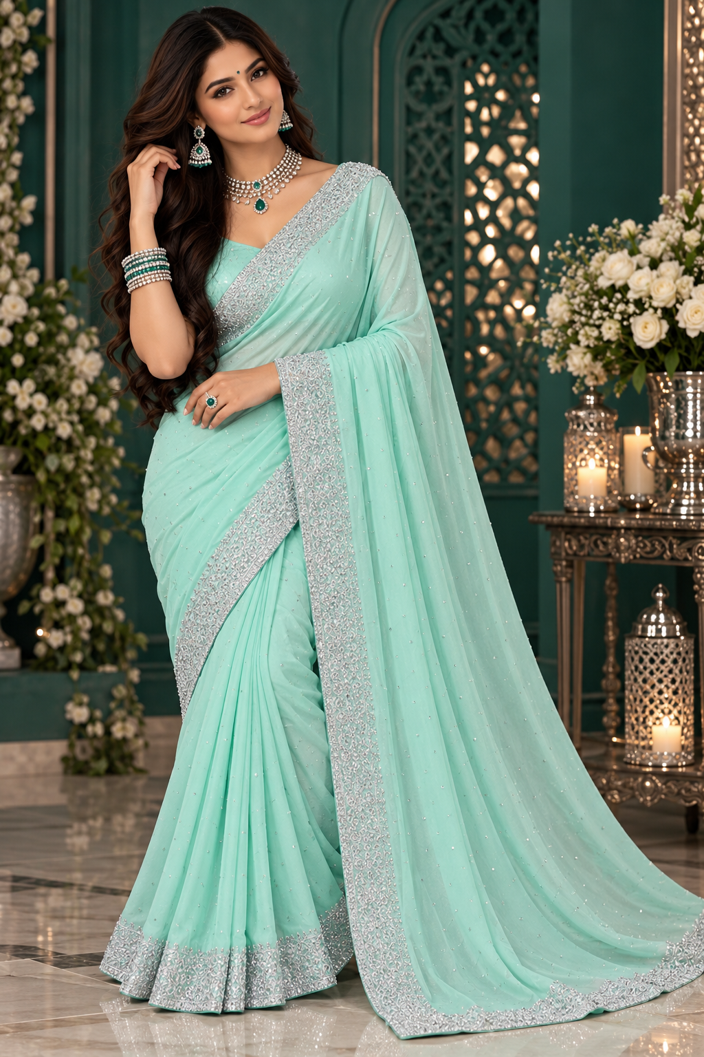Bollywood désigner sari vert menthe pastel avec des pierres argenté Image principale du produit