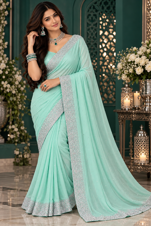 Bollywood désigner sari vert menthe pastel avec des pierres argenté