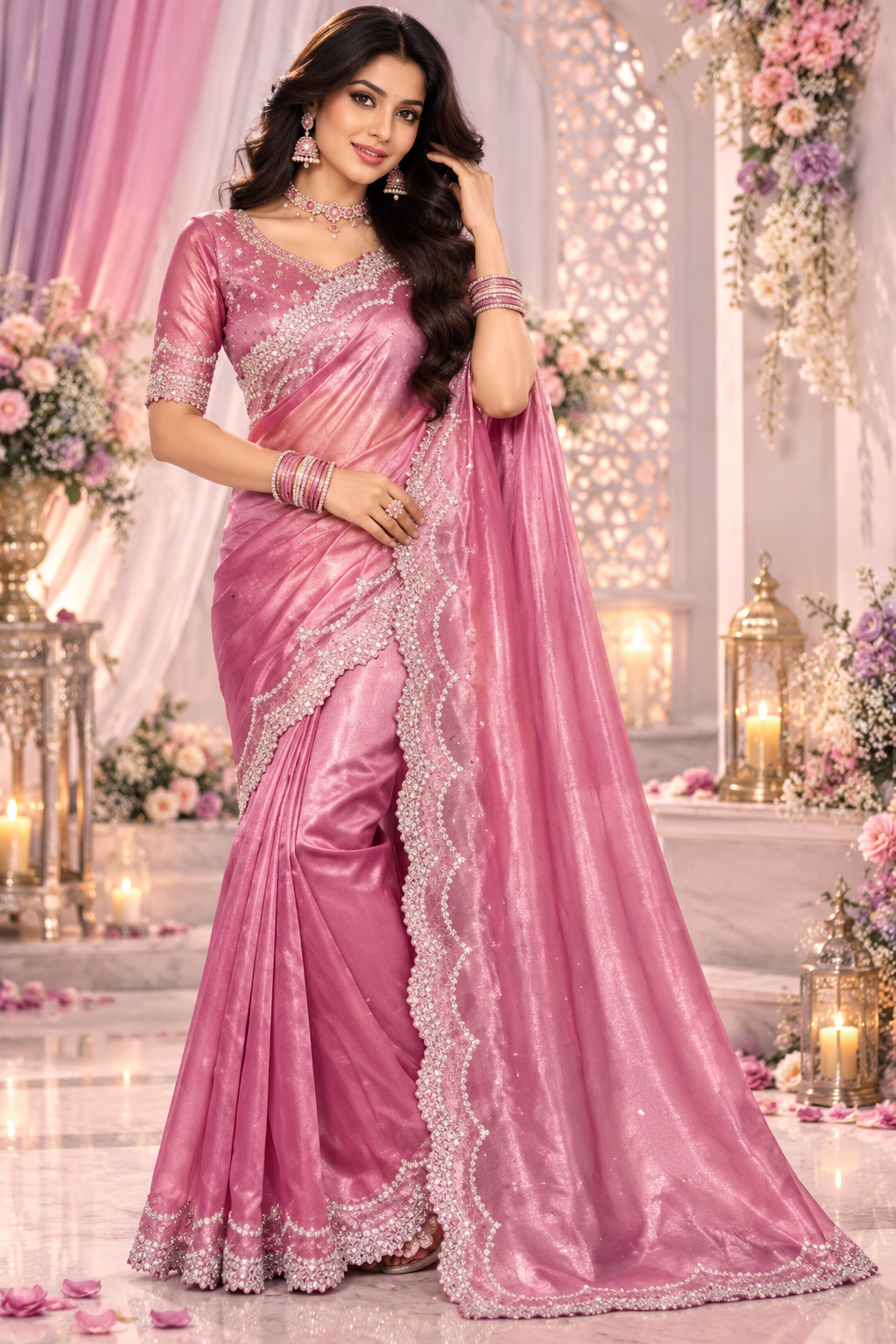 Bollywood désigner sari rose argenté