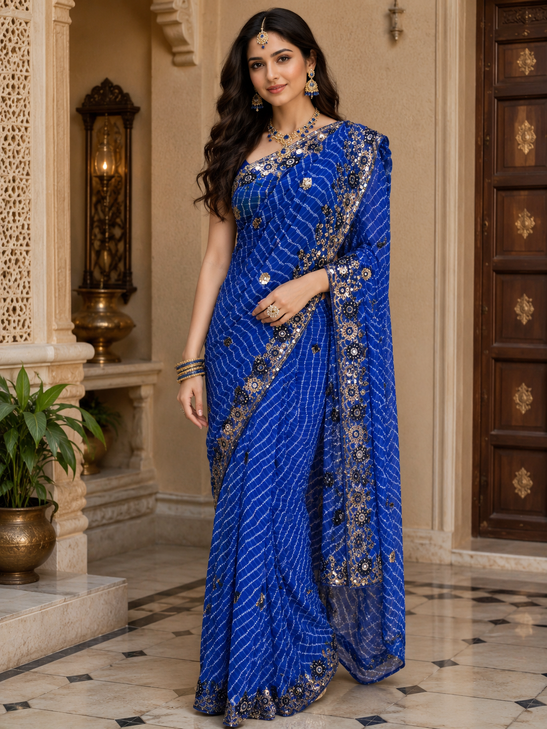 Bollywood désigner sari bleu brodé avec sequins saree sans blouse Image principale du produit