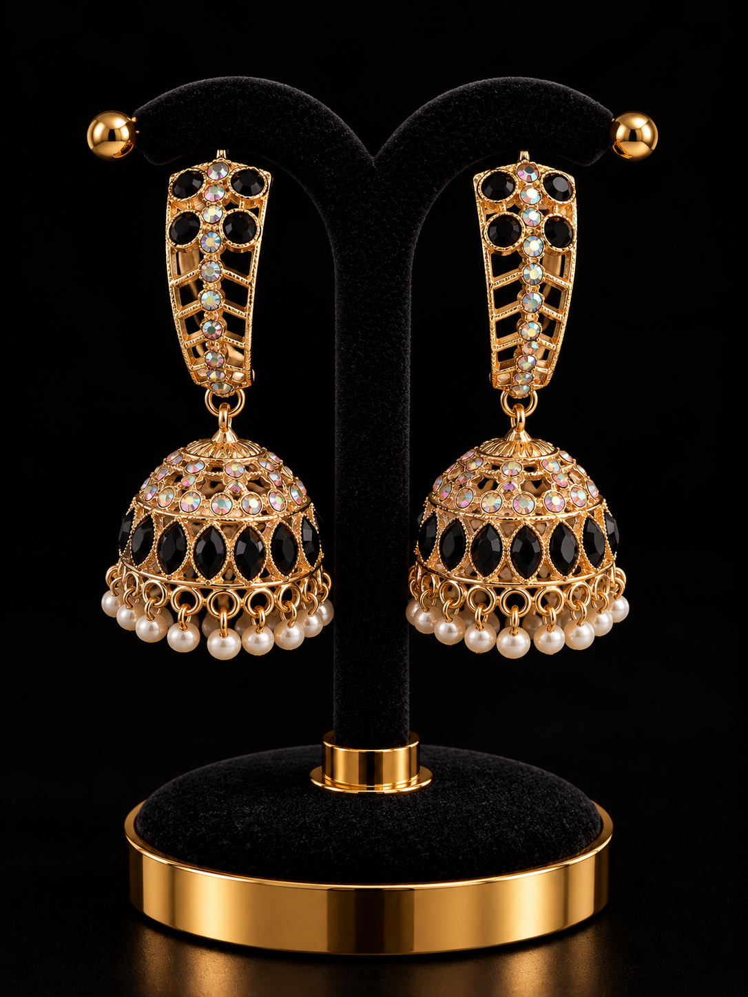 Indian design gold, white, and black earrings Secondary image