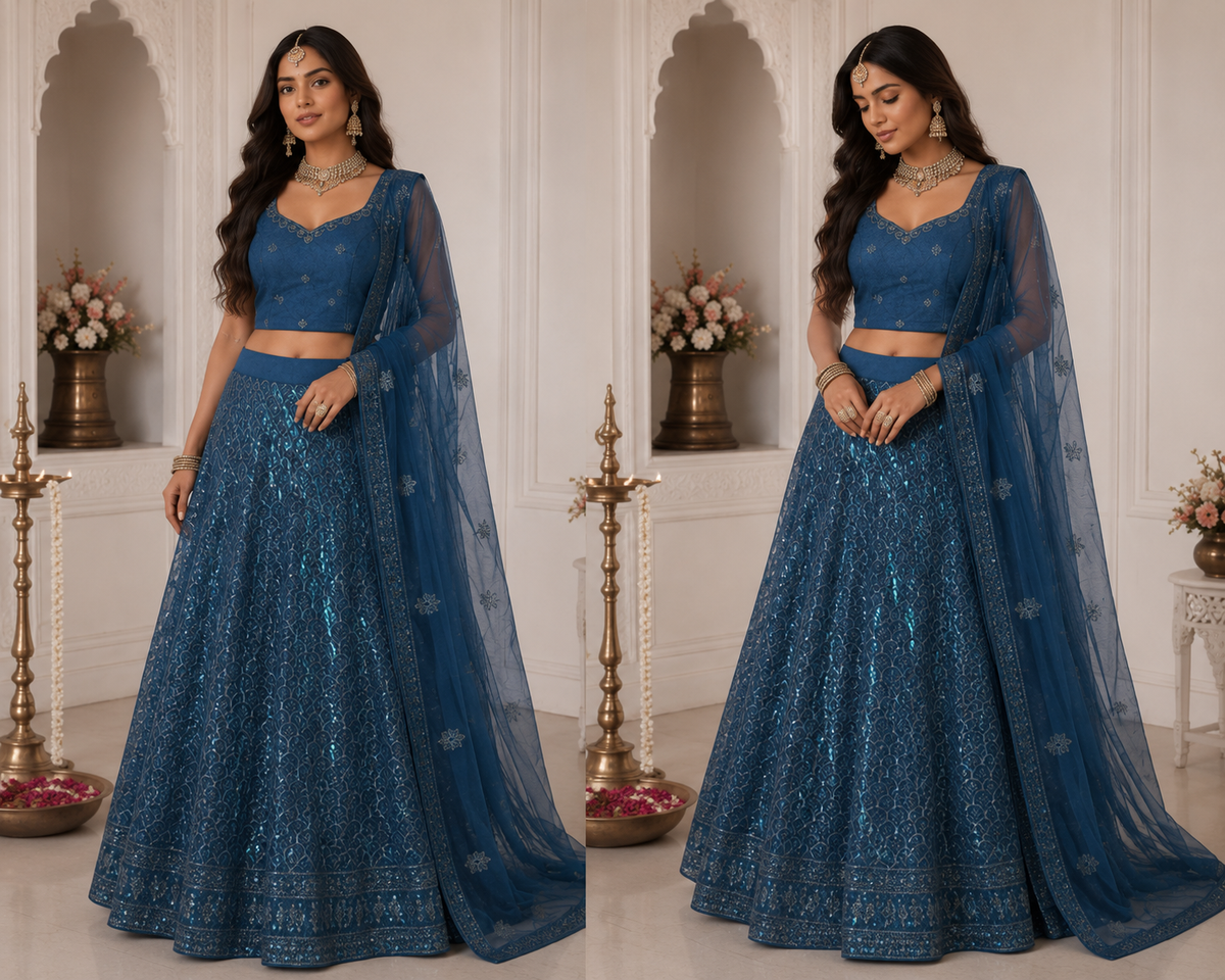 Bollywood designer blue embroidered 3-piece wedding lehenga choli