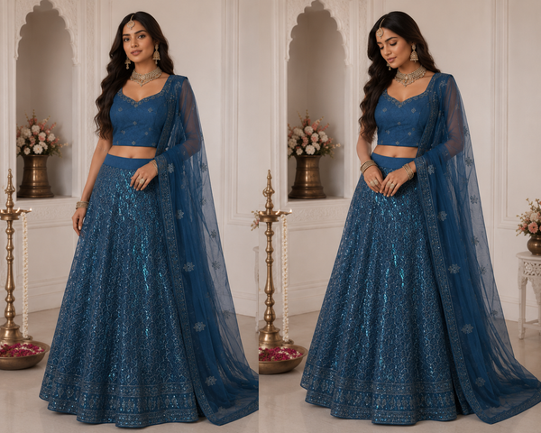 Bollywood designer blue embroidered 3-piece wedding lehenga choli