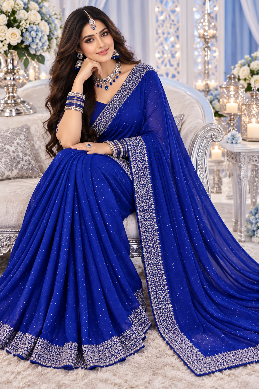 Bollywood désigner sari bleu avec des pierres argenté