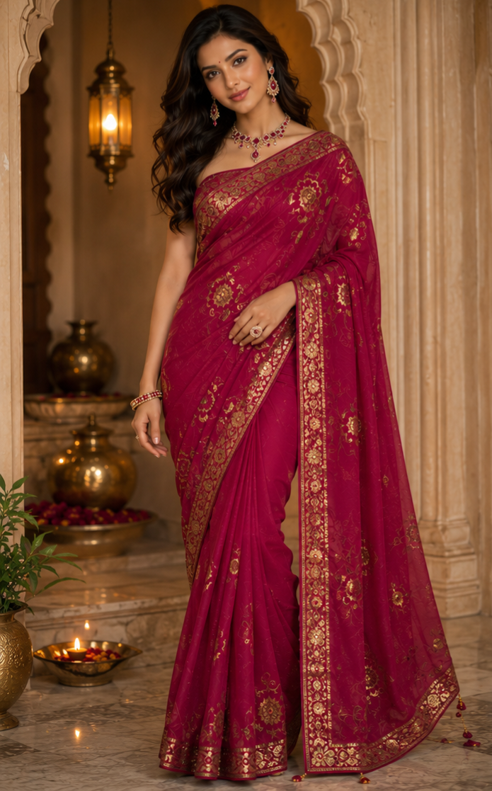 Bollywood embroidered red sequin sari saree without blouse