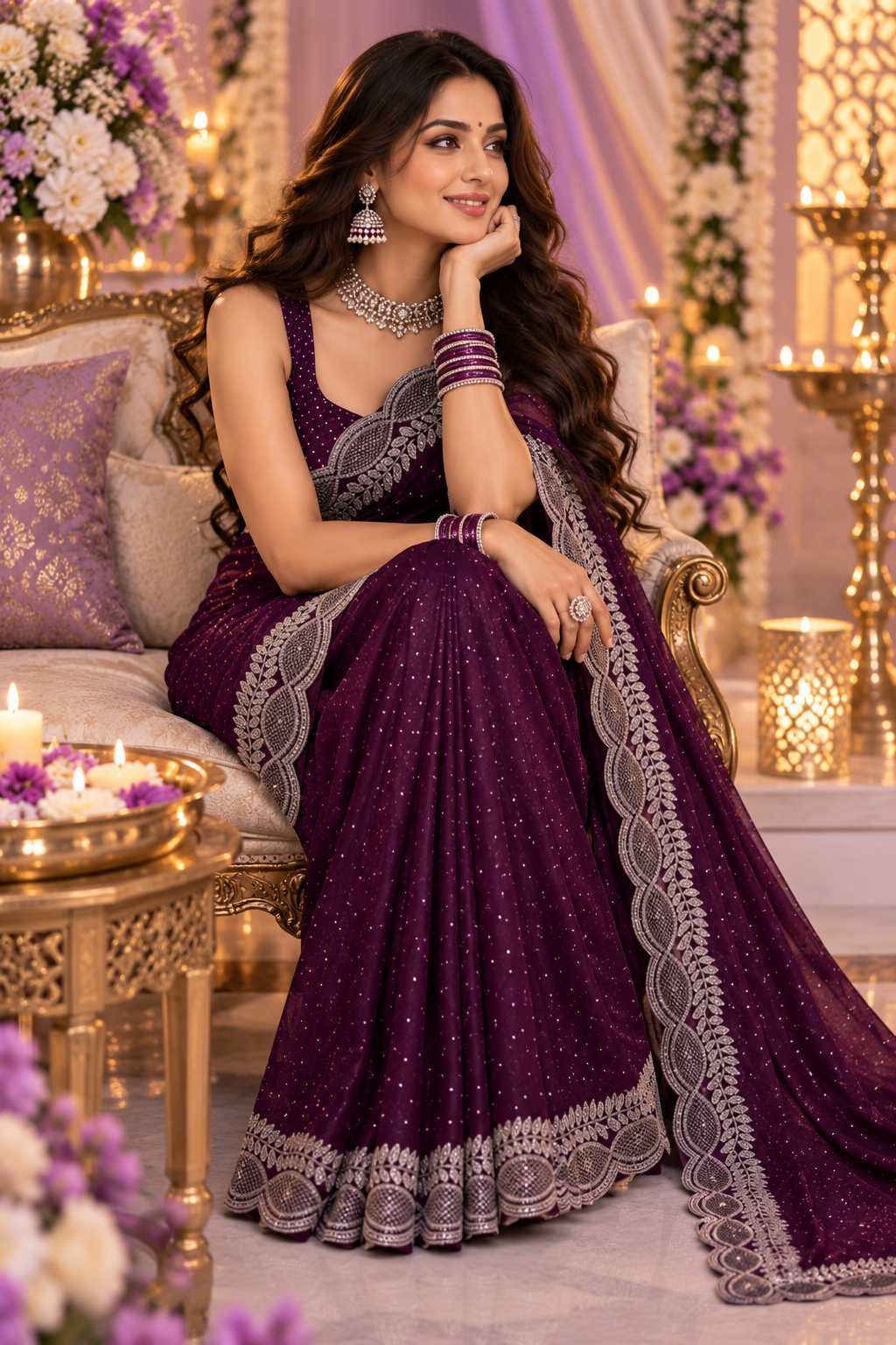 Bollywood désigner sari violet georgette brodé avec des pierres argenté