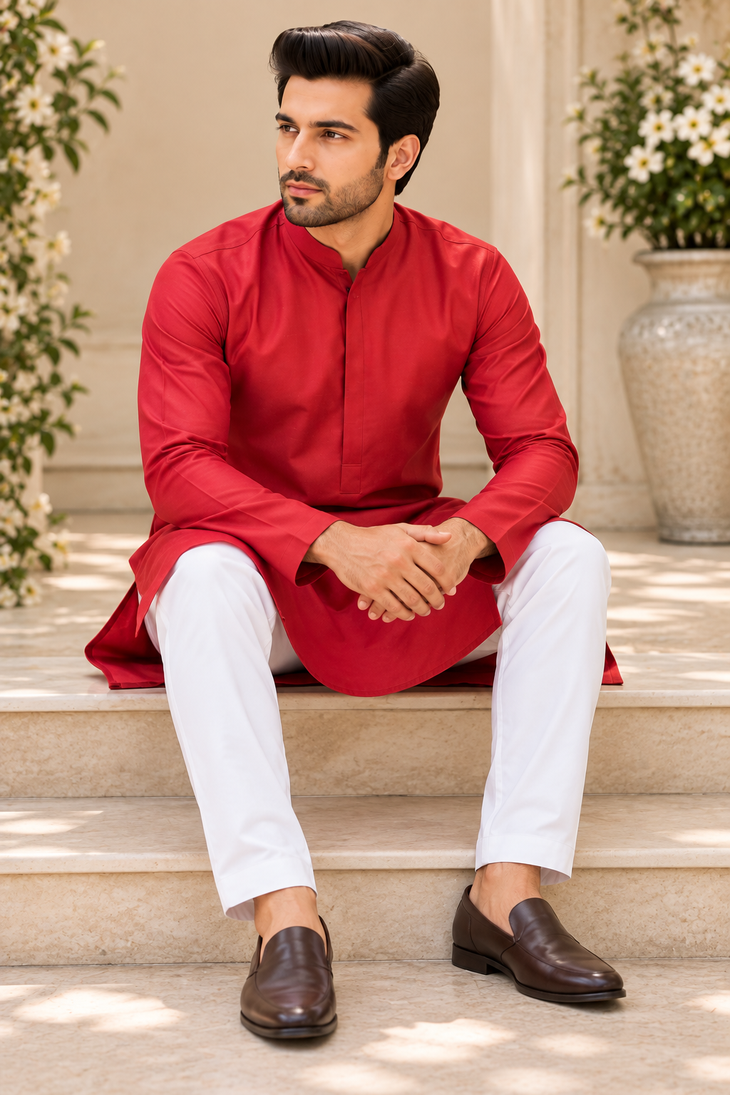 Indian kurta homme rouge blanc taille XL Image secondaire du produit
