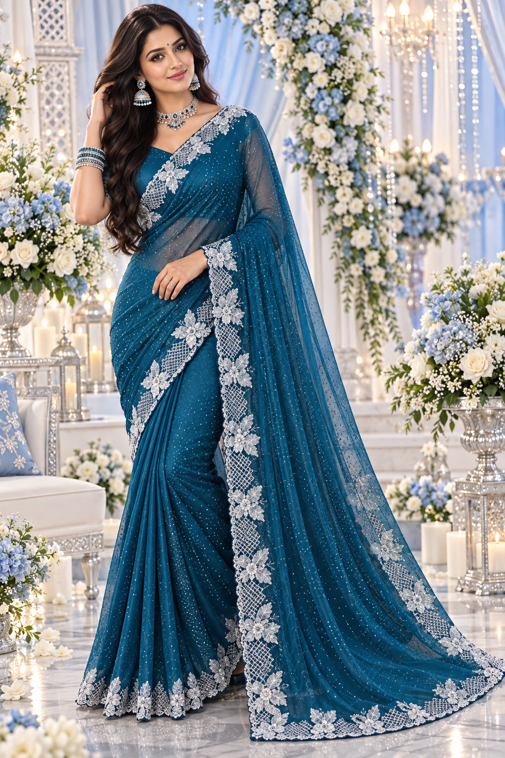 Bollywood désigner sari bleu avec des pierres argenté Image principale du produit