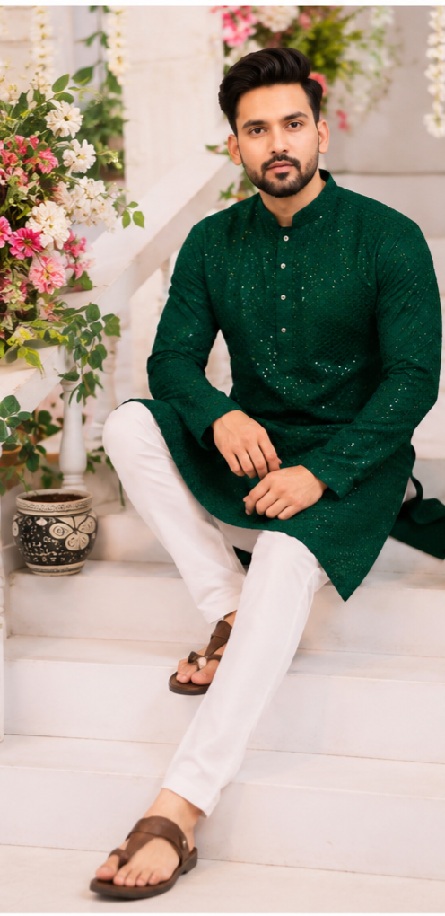 Indian kurta homme vert et blanc M coton