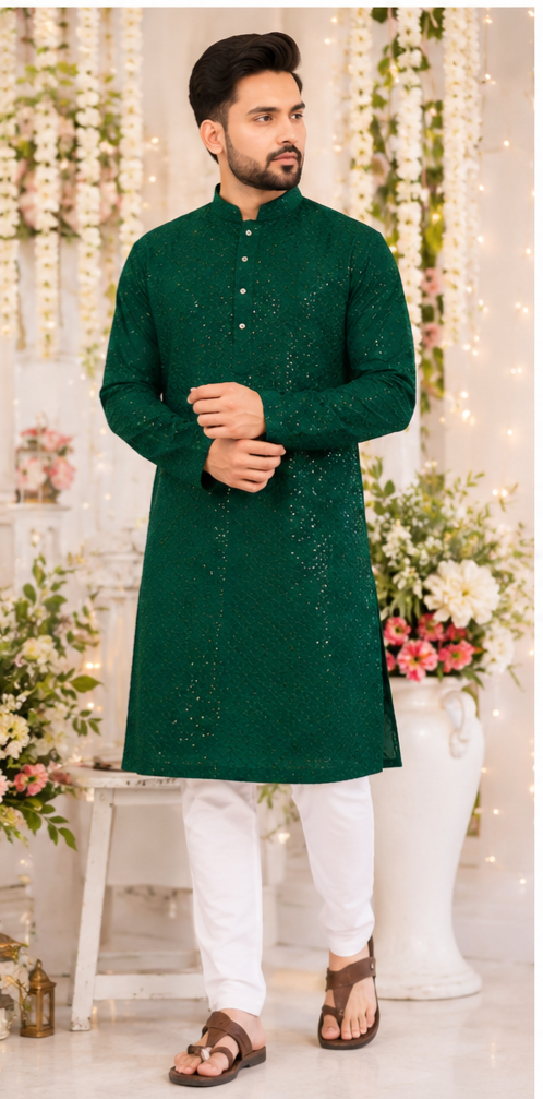 Indian kurta homme vert et blanc M coton