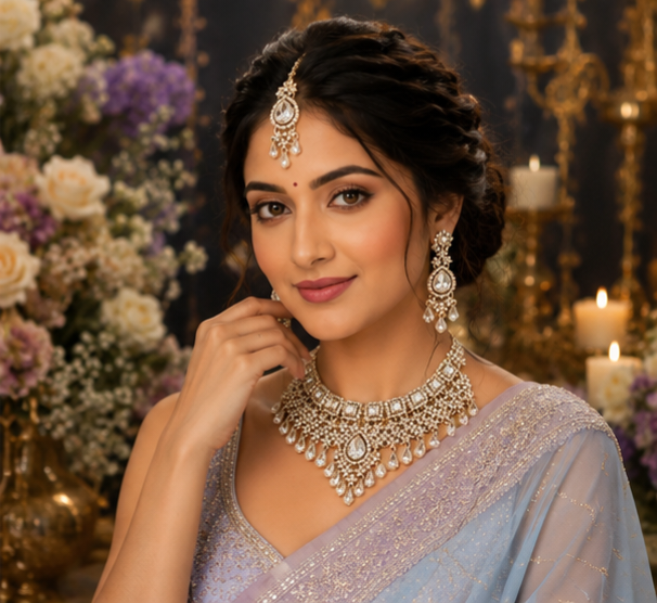 Bollywood désigner mariage parure 3 pièces blanc et doré Image principale du produit