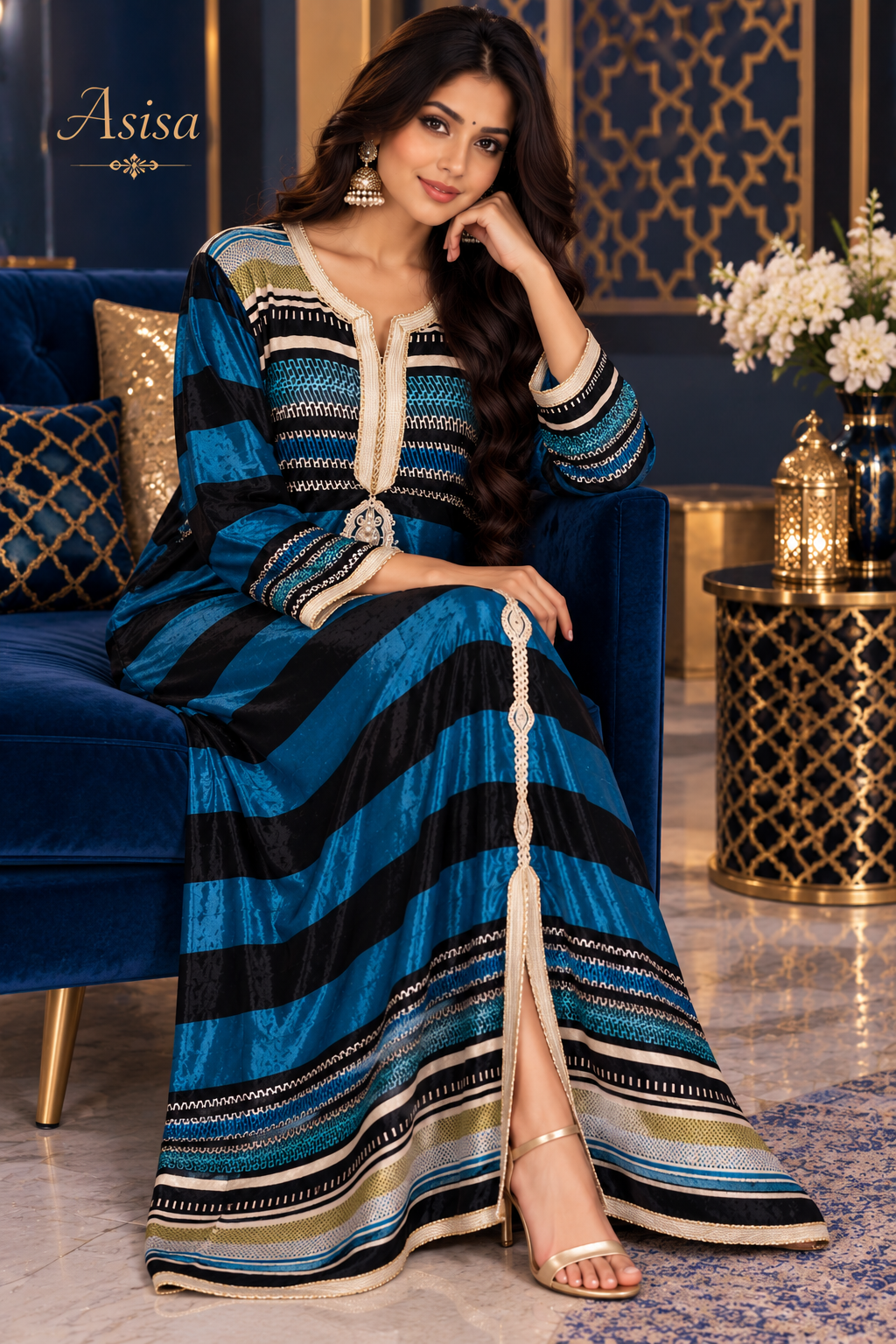 Bollywood désigner mariage caftan robe bleu taille L velours