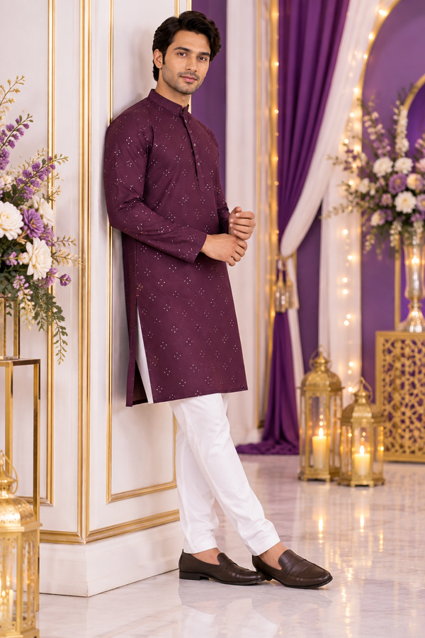 kurta homme violet et blanc coton mélangé