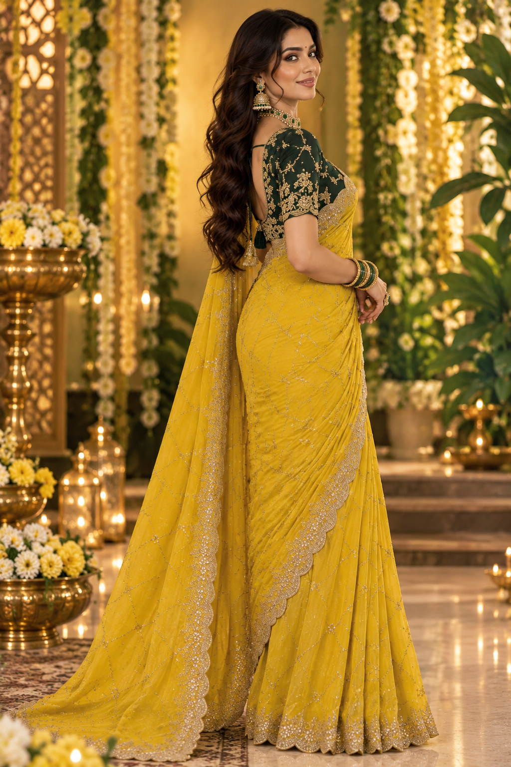 Bollywood désigner mariage sari jaune et vert avec des sequins georgette
