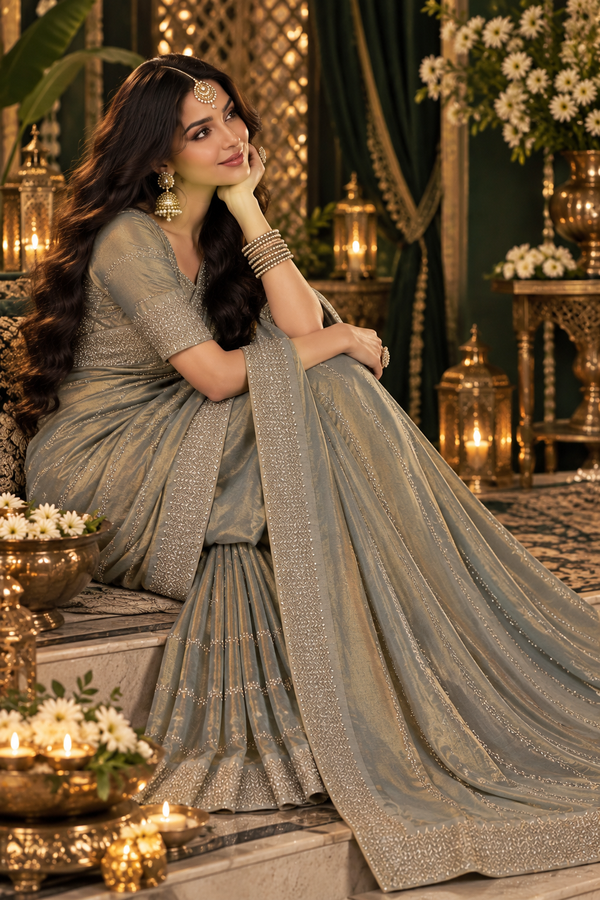 Bollywood désigner mariage sari gris taupe avec des sequins