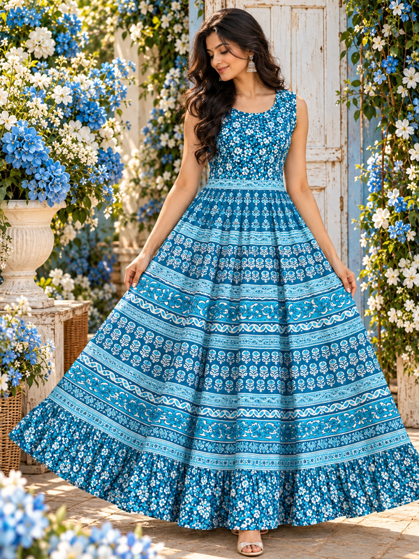Indian jaipuri coton robe bleu taille 38/42