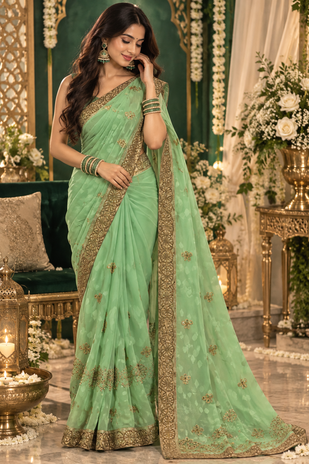 Bollywood désigner mariage sari vert et doré brodé sans blouse