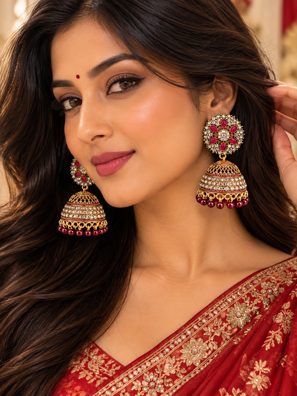 Boucles d’oreilles bordeaux et doré avec perles