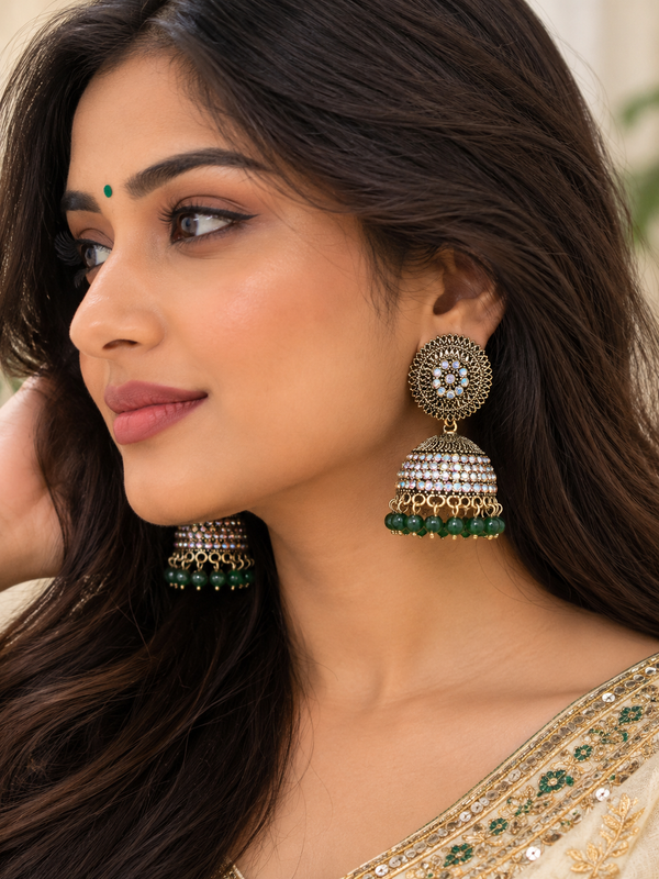 Indian boucles d’oreilles jumukha vert et doré