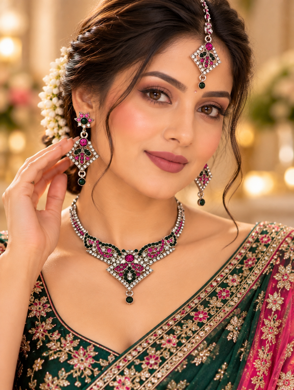 Indian désigner necklace set rose et vert