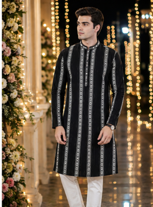 Indian kurta homme noir et blanc coton Image principale du produit