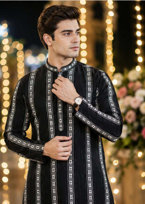 Indian kurta homme noir et blanc coton Image secondaire du produit