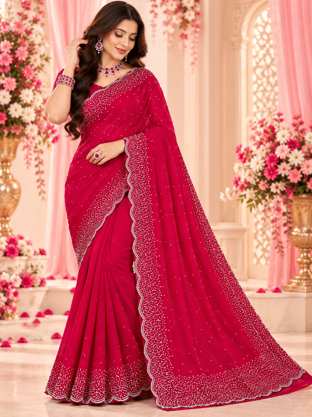 Indian désigner sari rose fushia motifs argenté