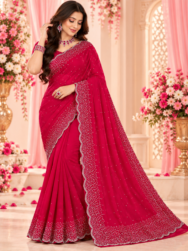 Indian désigner sari rose fushia motifs argenté