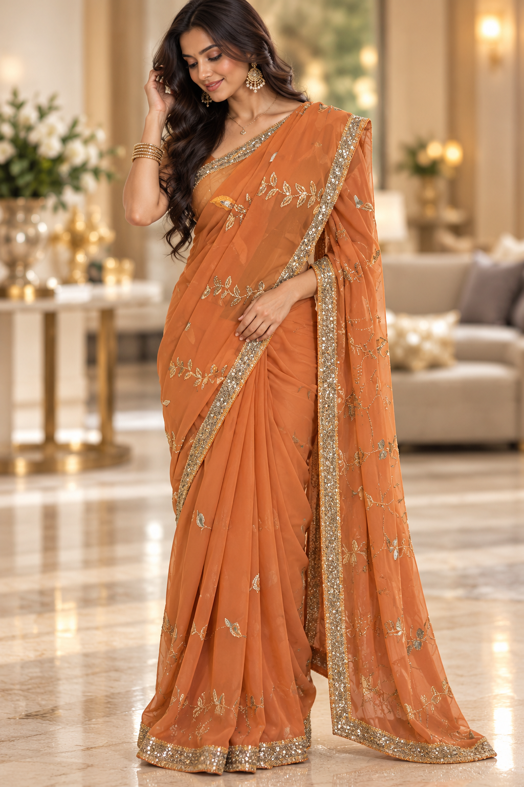 Indian désigner sari orange et doré sans blouse Image principale du produit