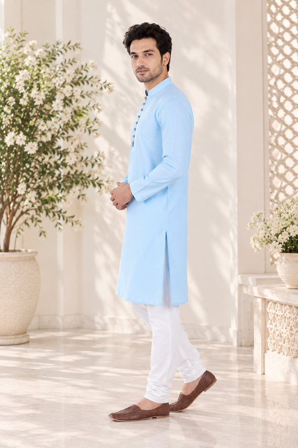 Blue and white Indian kurta for men, size XL