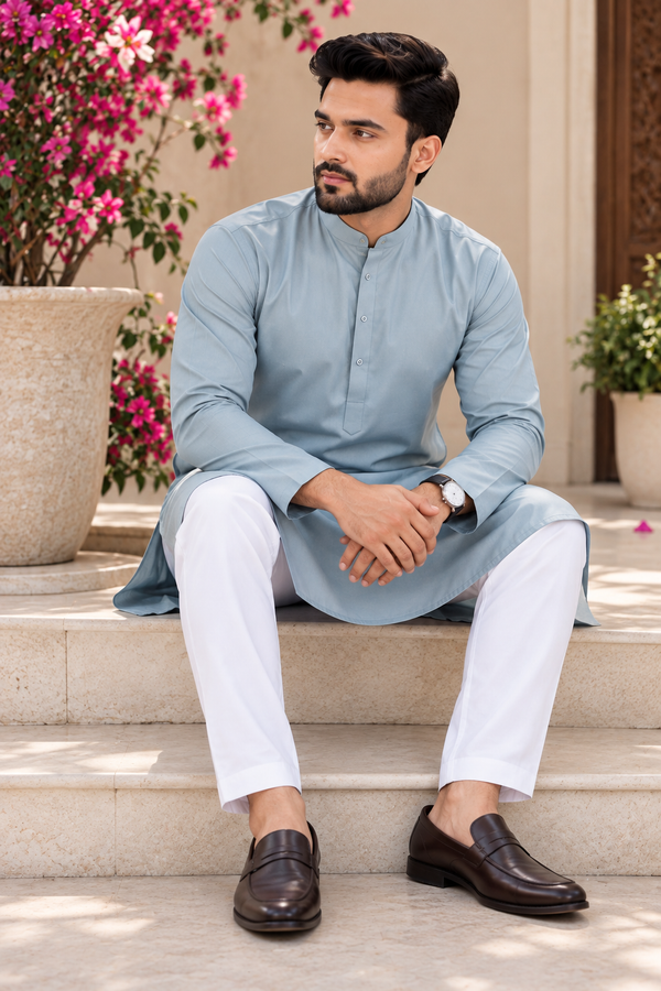 Indian kurta homme bleu gris et blanc taille XL