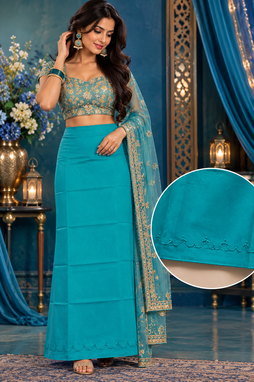 Bollywood désigner sari jupon bleu vert coton taille 34/44