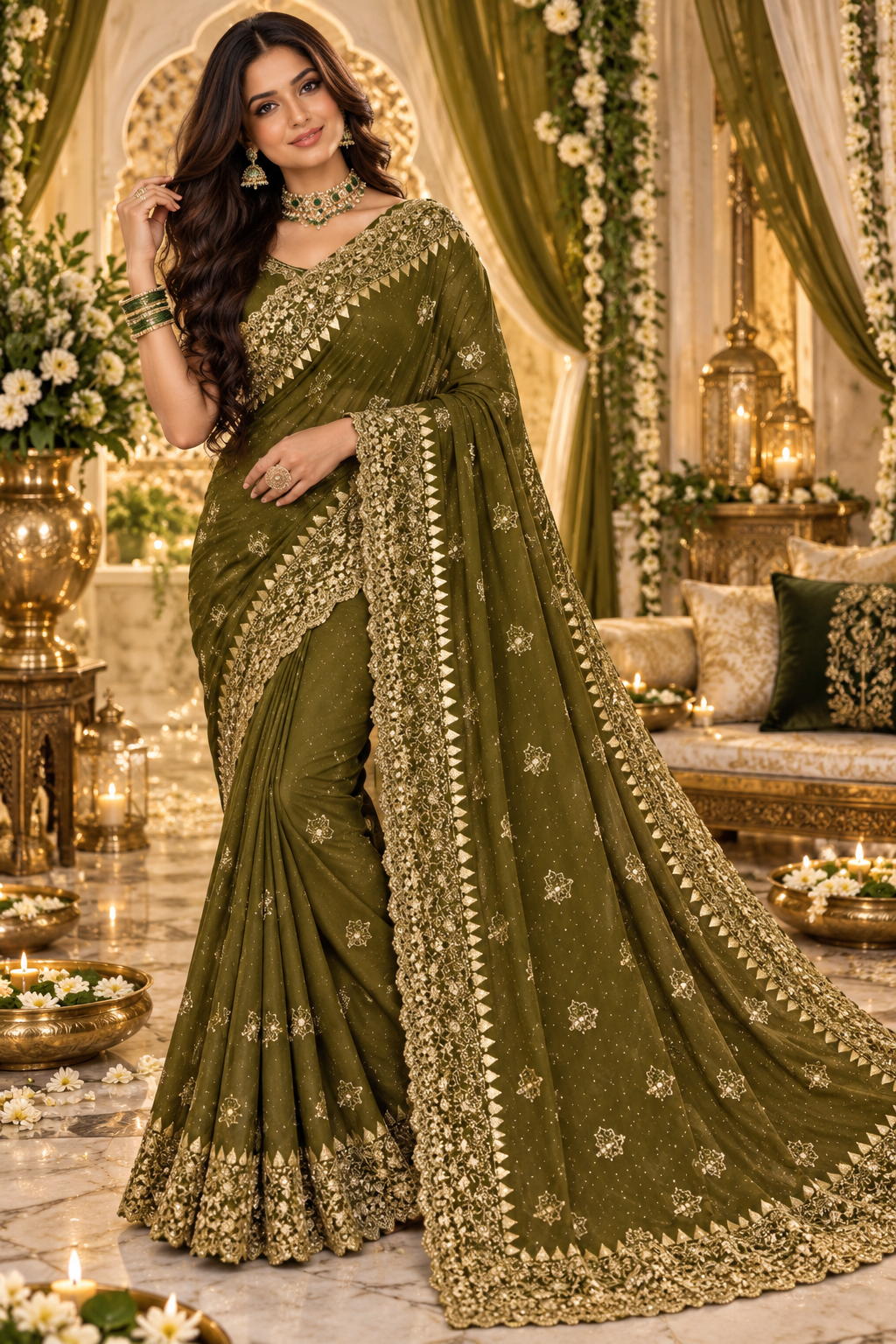 Bollywood désigner sari vert et doré brodé georgette Image principale du produit
