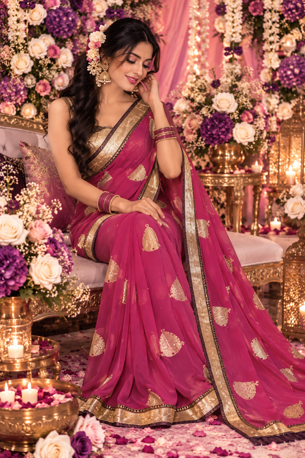 Bollywood désigner sari rose et doré sans blouse Image secondaire du produit