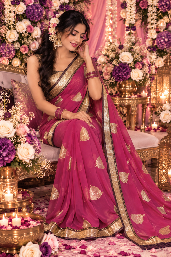 Bollywood désigner sari rose et doré sans blouse