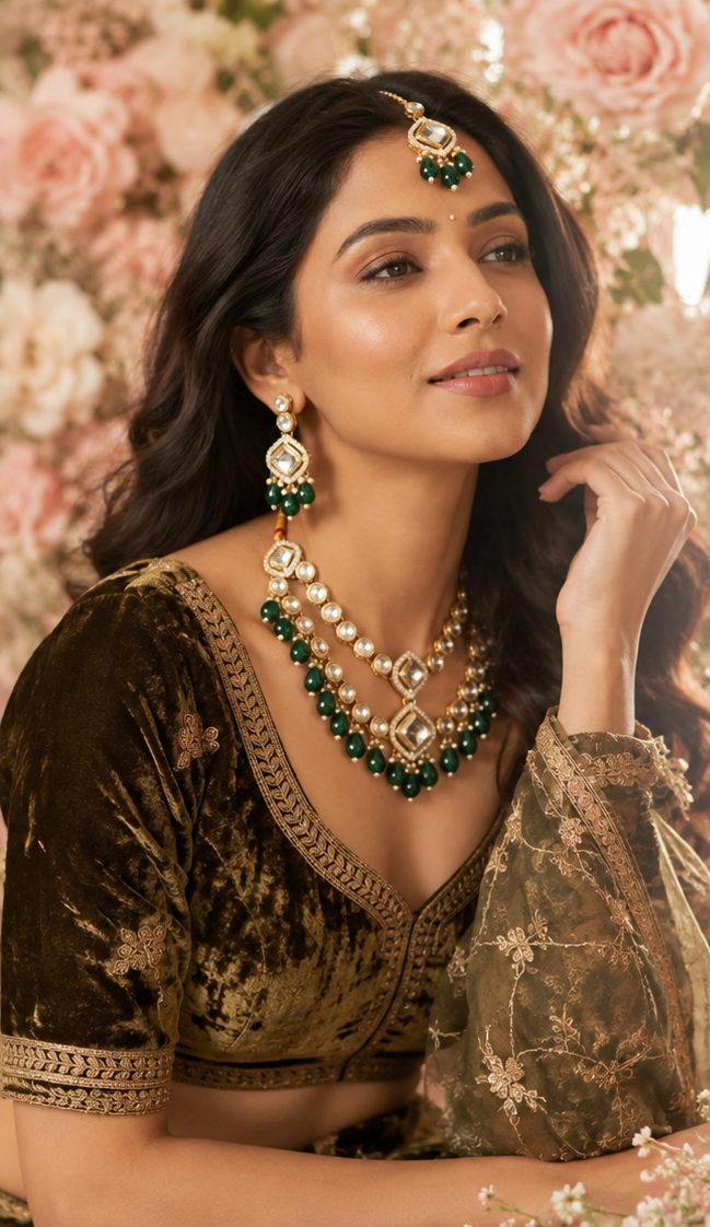 Bollywood désigner mariage sari parure vert 3 pièces Image secondaire du produit