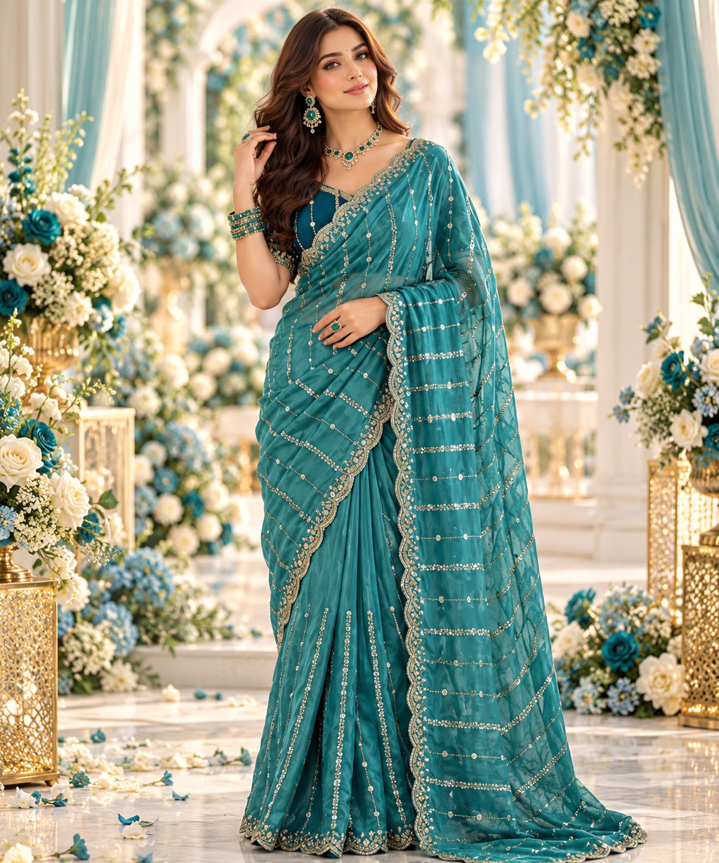 Indian désigner sari bleu vert avec sequins