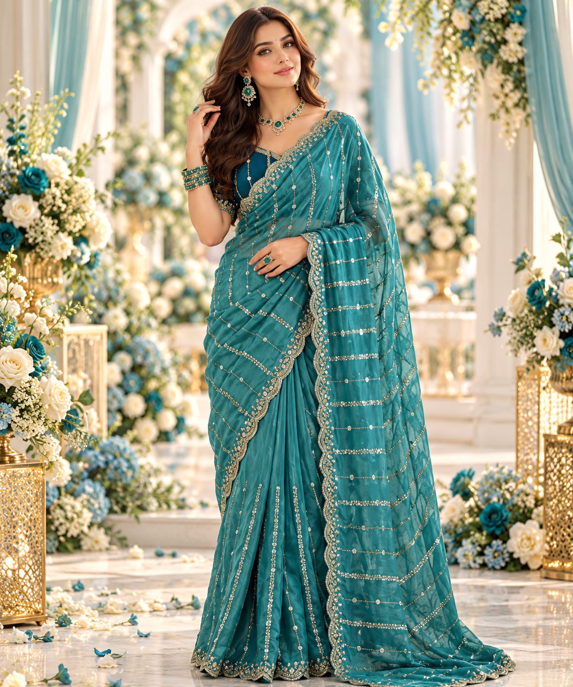 Indian désigner sari bleu vert avec sequins