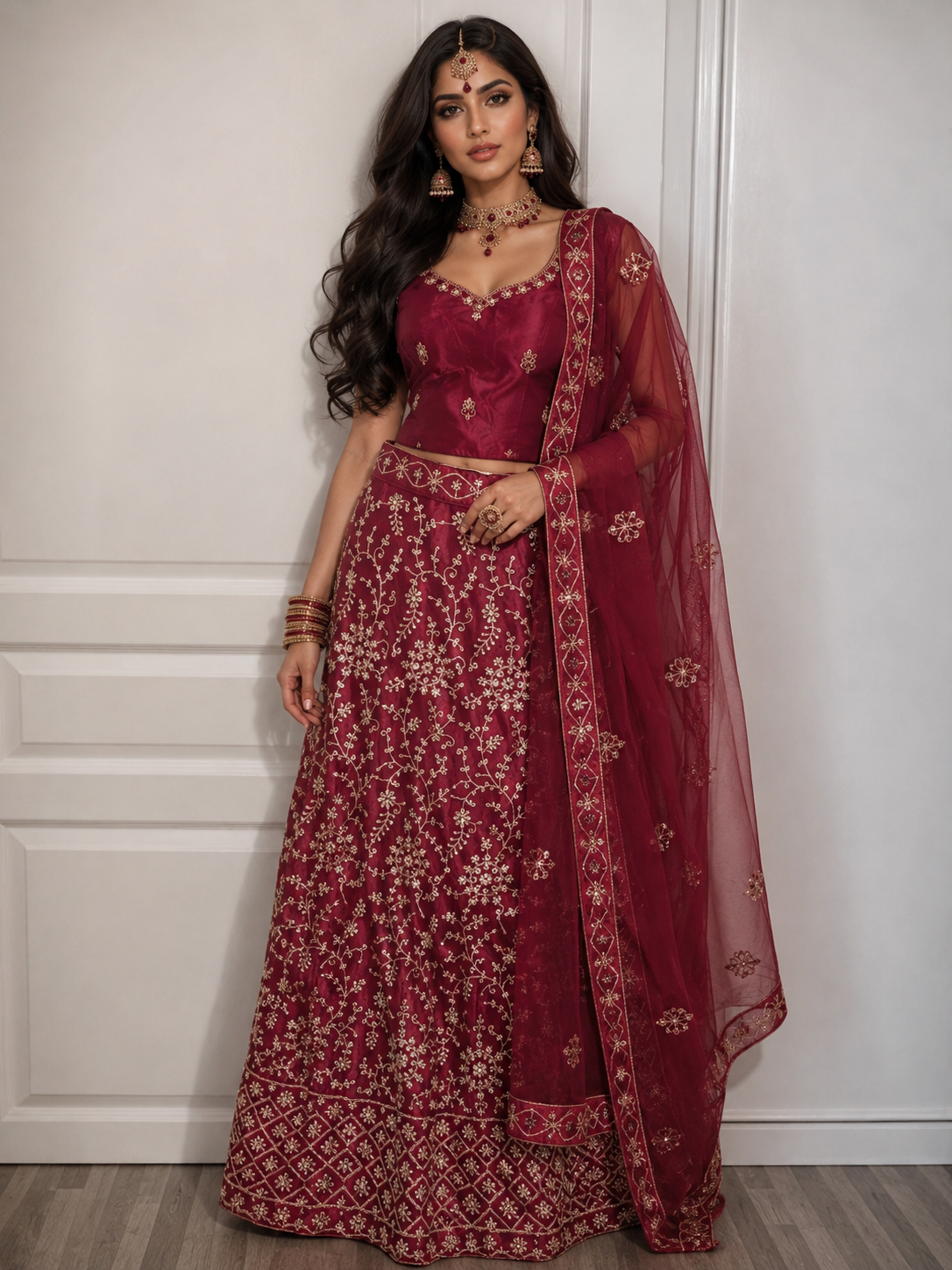 Bollywood désigner mariage lehanga choli rouge bordeaux 3 pièces