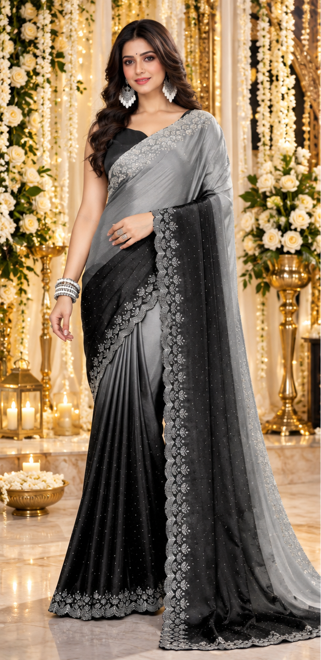 Bollywood désigner sari noir et gris avec des pierres argenté