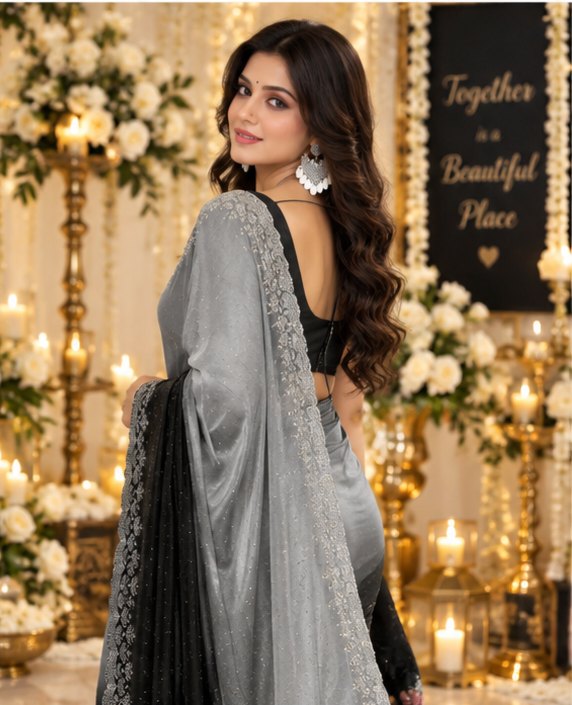 Bollywood désigner sari noir et gris avec des pierres argenté