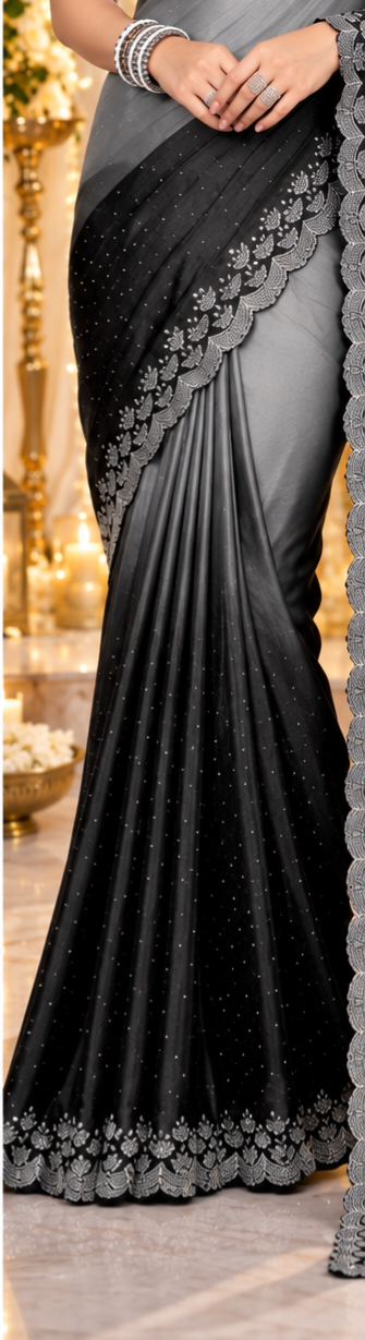 Bollywood désigner sari noir et gris avec des pierres argenté