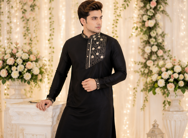 Bollywood Kurta homme noir et doré taille XXL