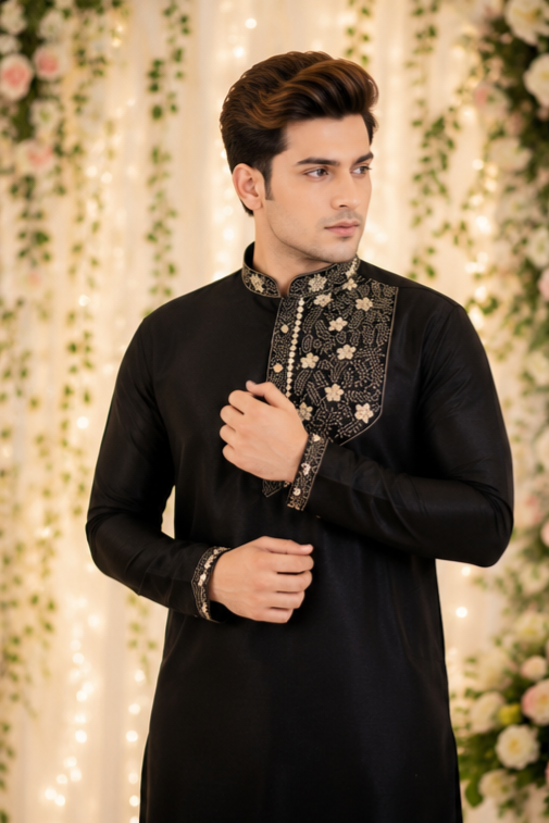 Bollywood Kurta homme noir et doré taille XXL
