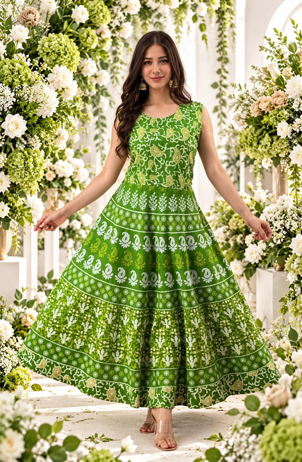 Bollywood désigner jaipuri coton robe vert taille 36/40