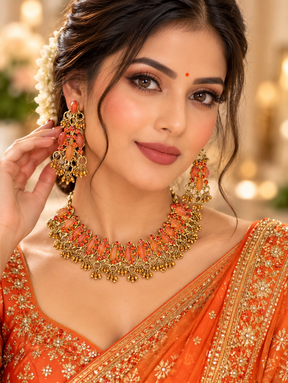 Indian désigner necklace set orange et doré