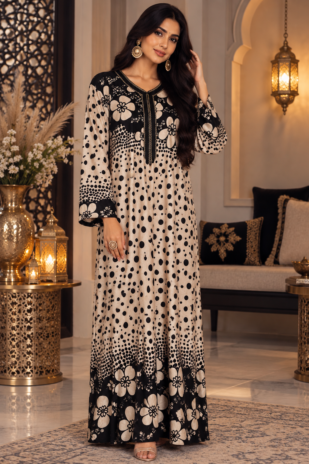 Bollywood désigner caftan beige et noir taille XXL velours