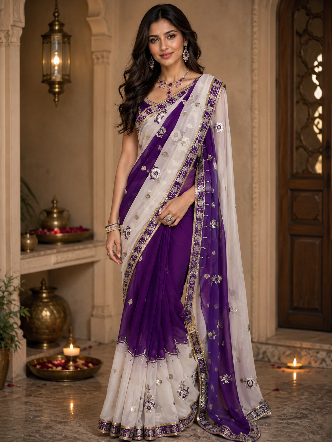 Bollywood design purple and white sari saree without blouse
