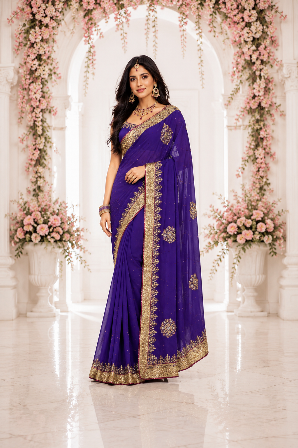 Bollywood désigner sari violet brodé sans blouse Image principale du produit